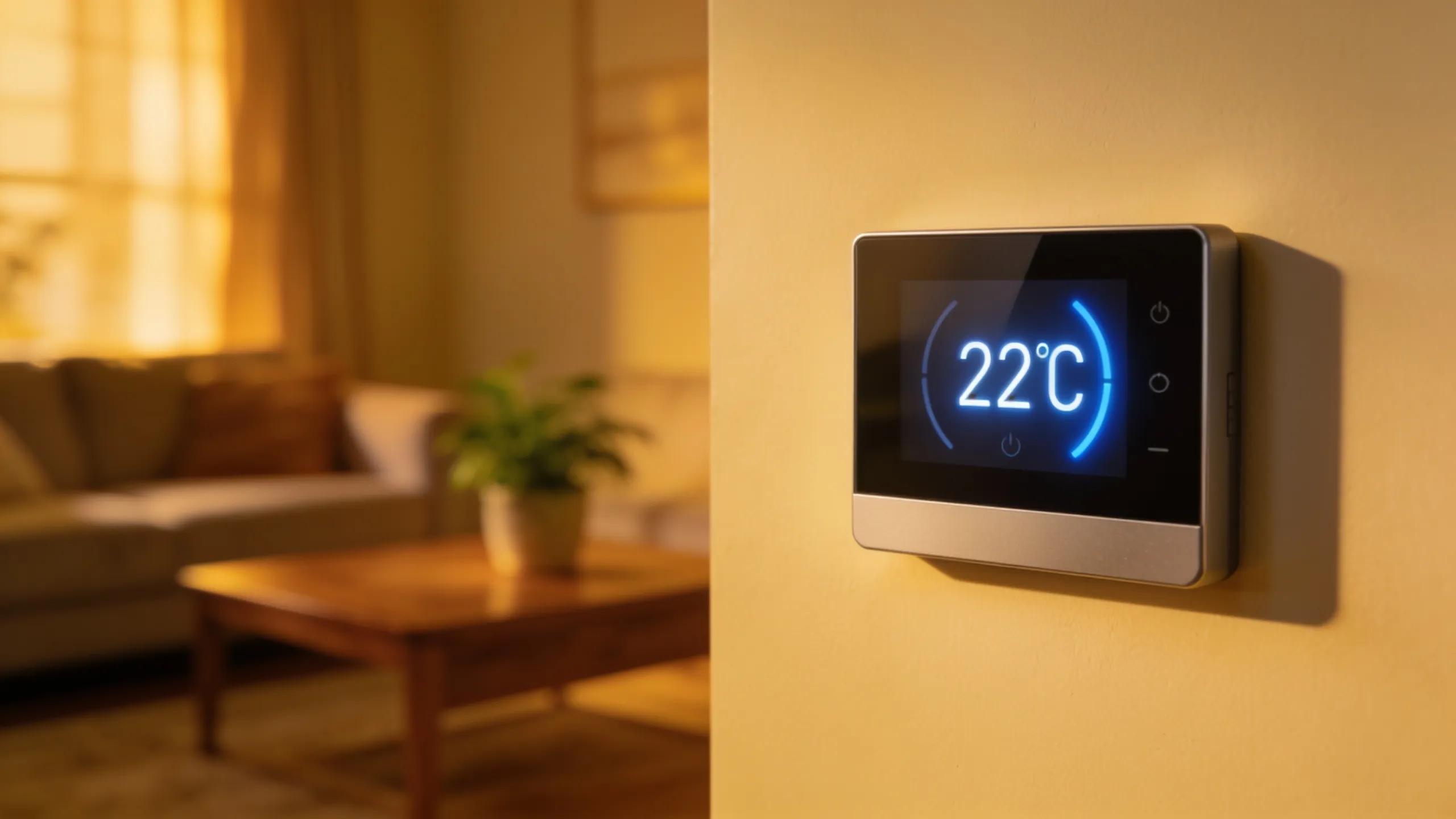 Digital thermostat in a cozy living room, highlighting thermostat issues