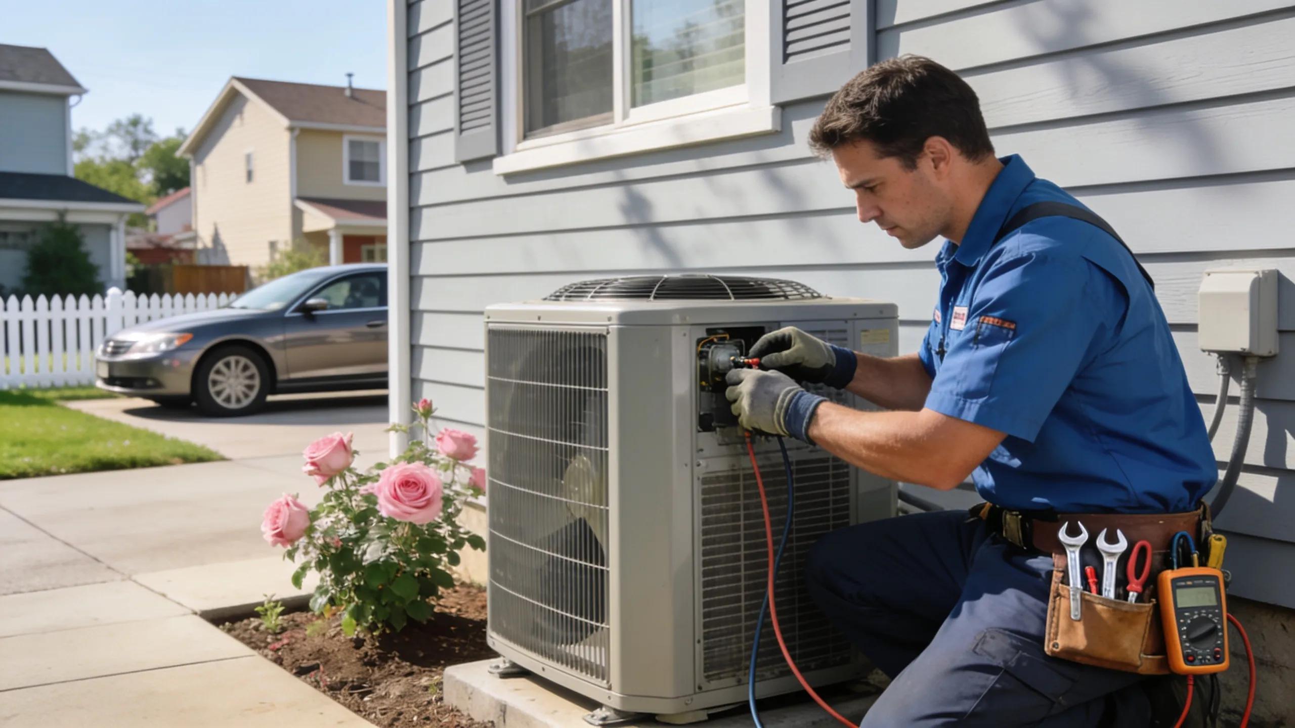 HVAC technician servicing an air conditioning unit in a Morris County neighborhood