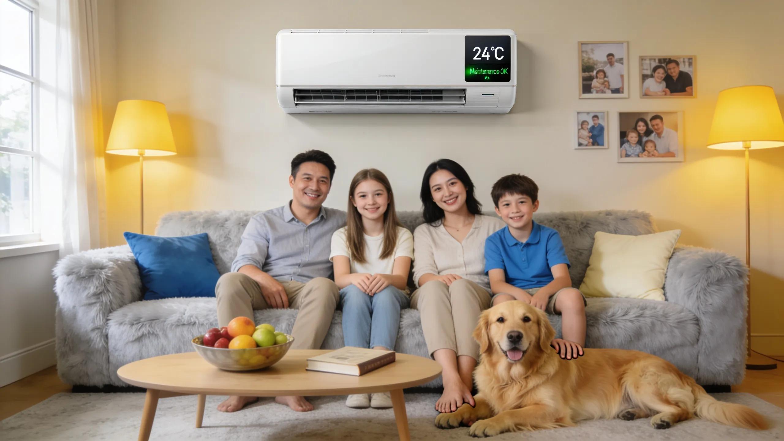 Family enjoying comfort in a living room with a well-maintained air conditioning unit