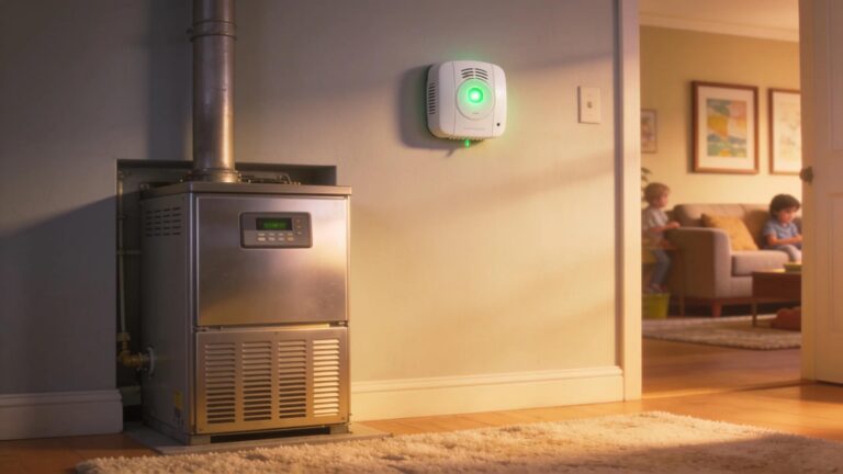 Modern furnace and carbon monoxide detector in a cozy home setting