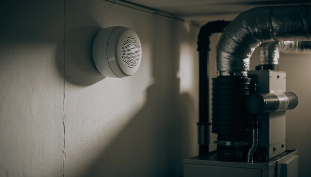 Carbon monoxide detector mounted on a basement wall near a gas furnace