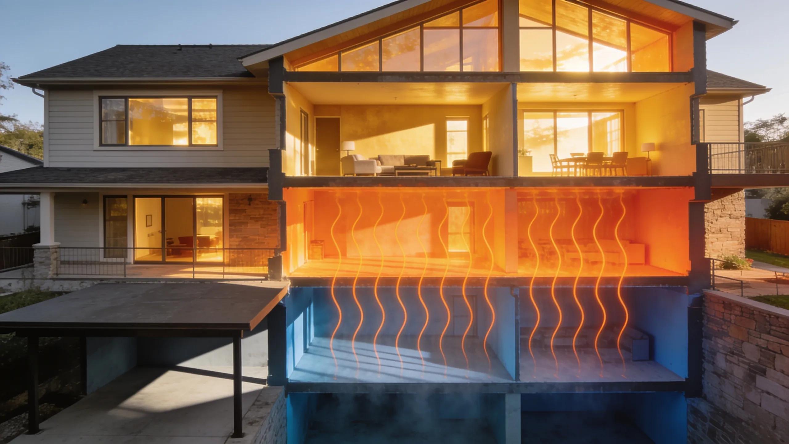 Illustration of a multi-story home showcasing variations in temperature due to heat rising and sun exposure