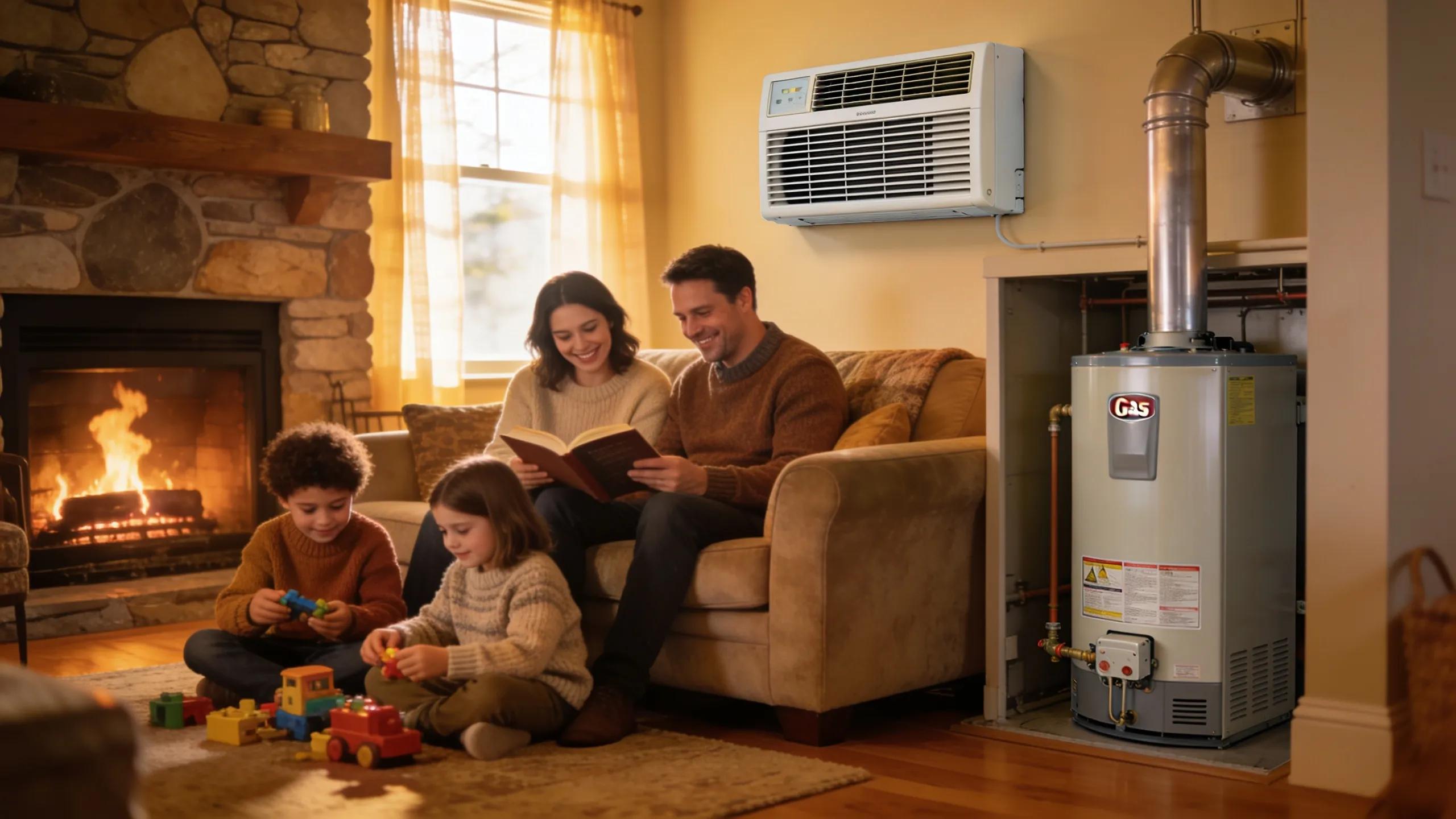 Interior of a home with heat pump and backup heating system, highlighting comfort and warmth