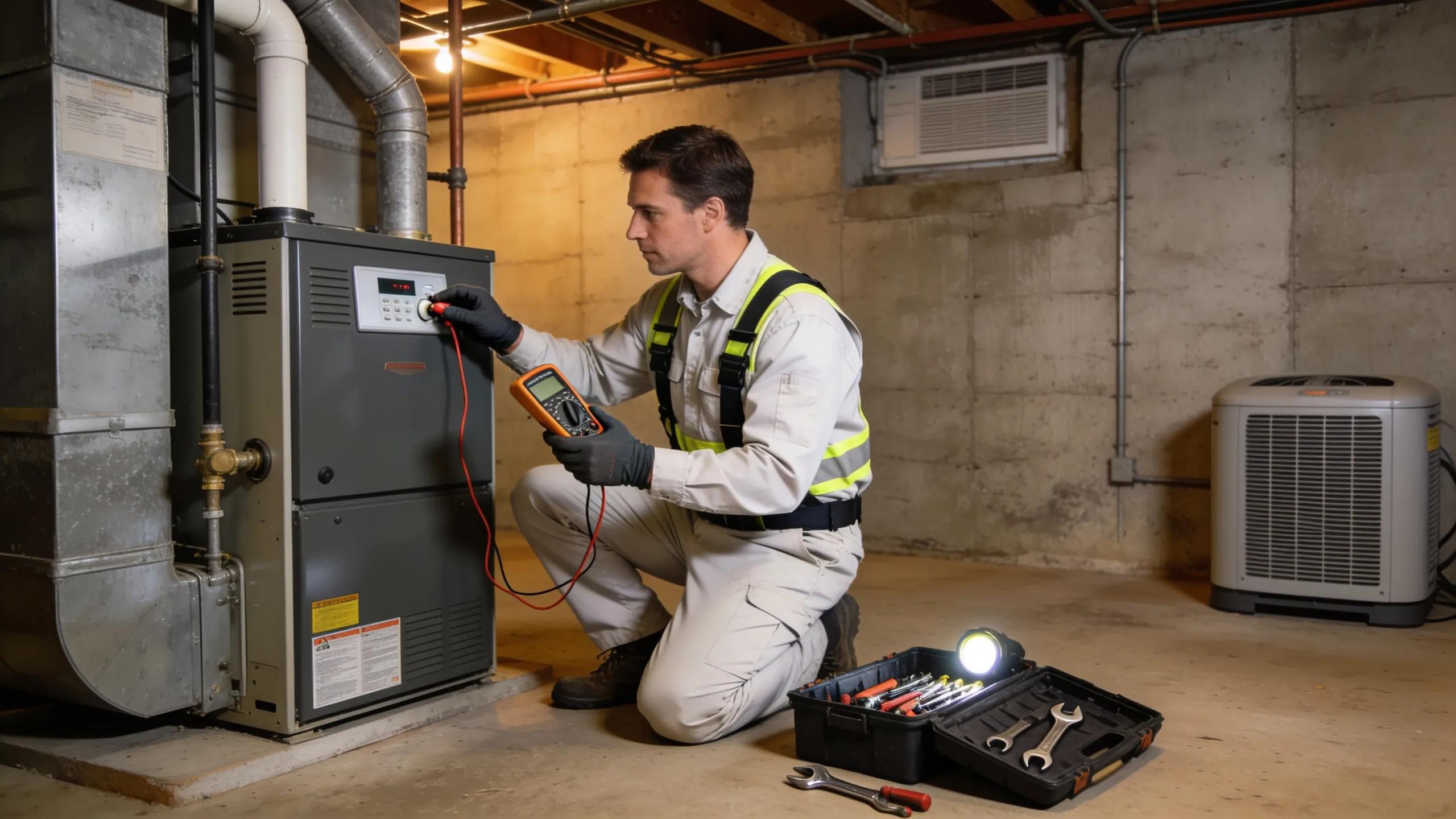HVAC technician conducting a furnace inspection for safety and efficiency