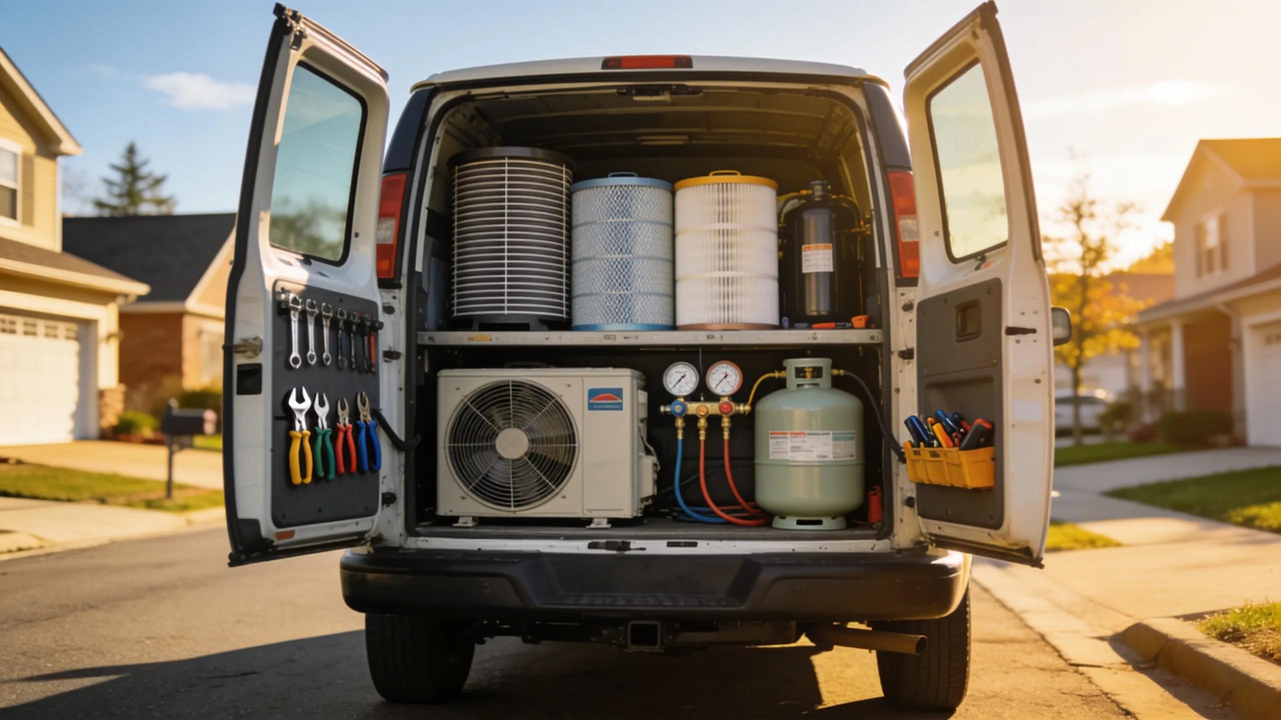 HVAC service vehicle loaded with repair equipment ready for emergency AC repair in a residential area
