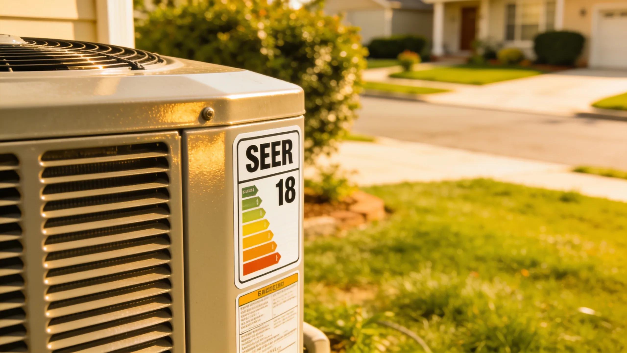 Air conditioning unit with energy efficiency labels, illustrating factors affecting energy consumption