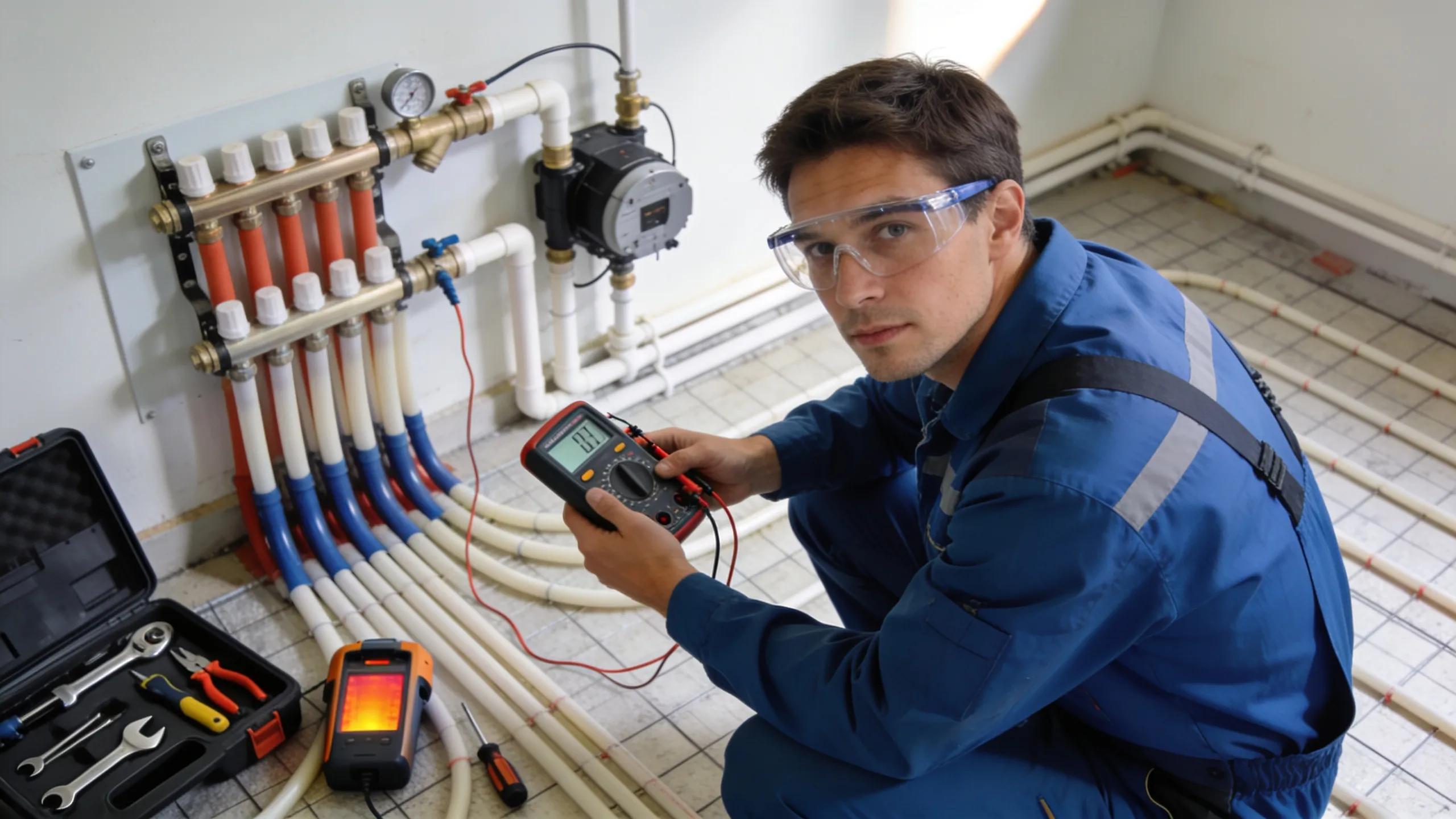 Technician performing maintenance on radiant floor heating system, highlighting importance of upkeep