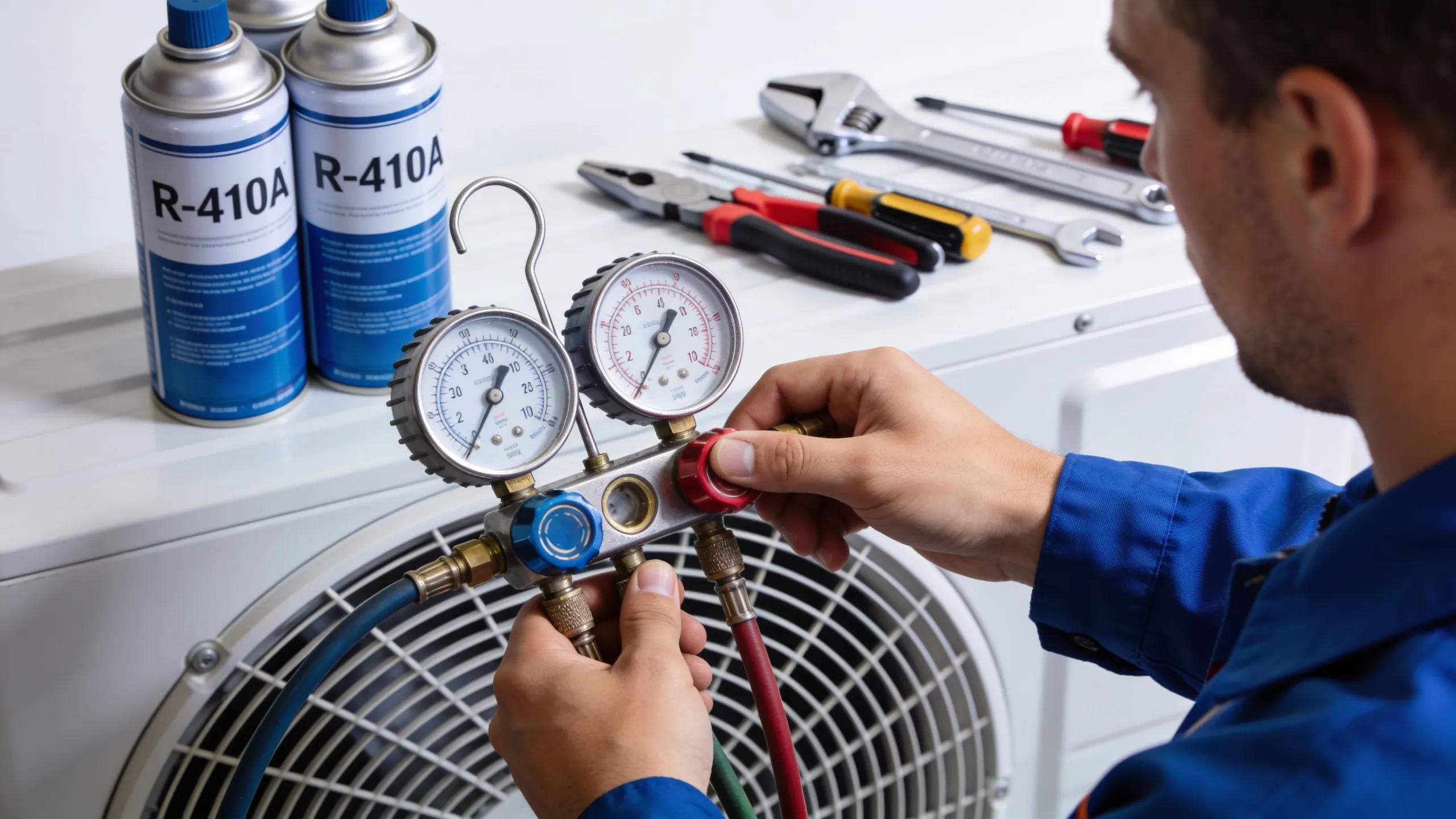 Technician measuring refrigerant pressures using gauge manifolds on HVAC system