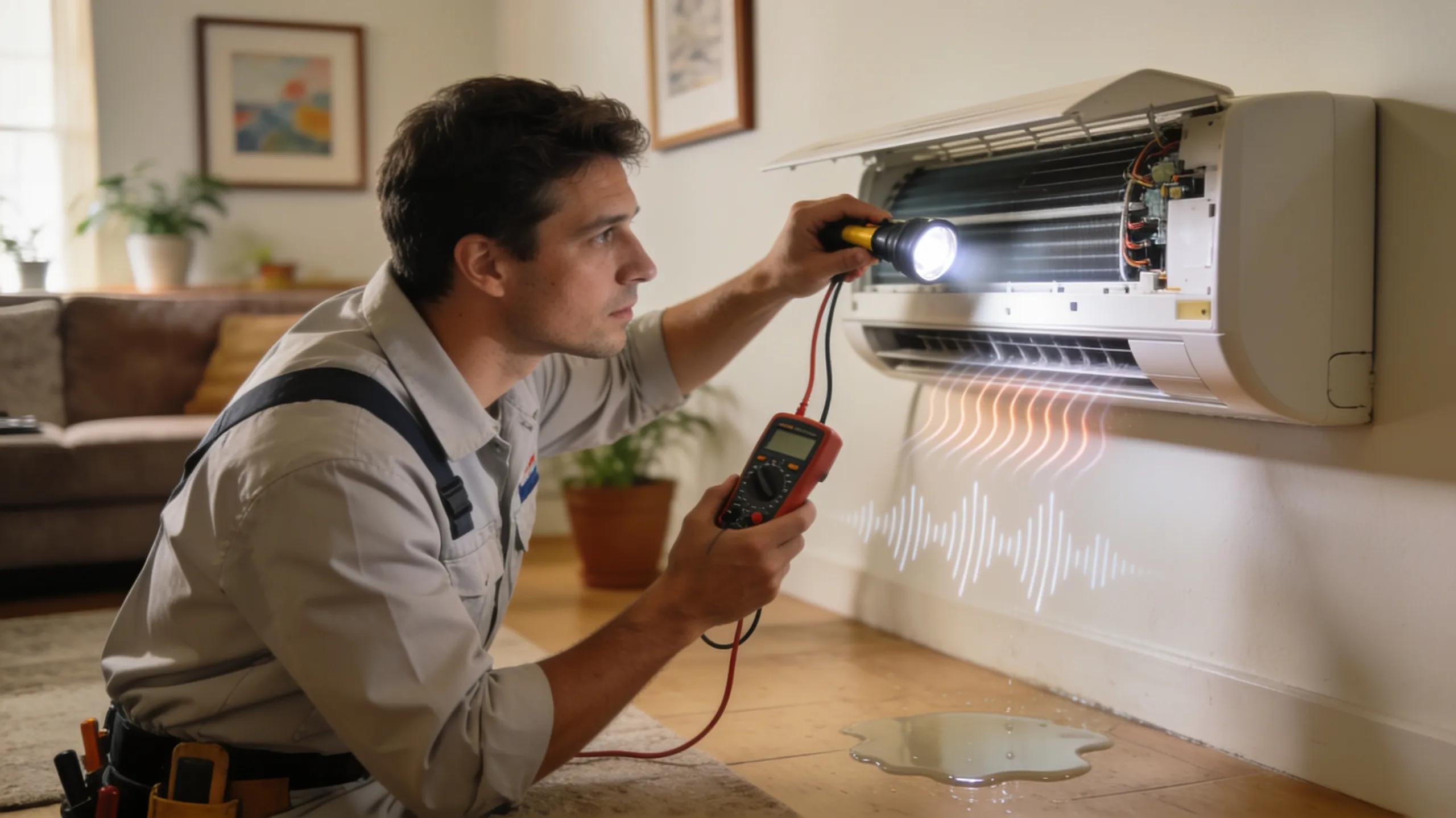 HVAC technician diagnosing summer issues in a home air conditioning system for proper maintenance