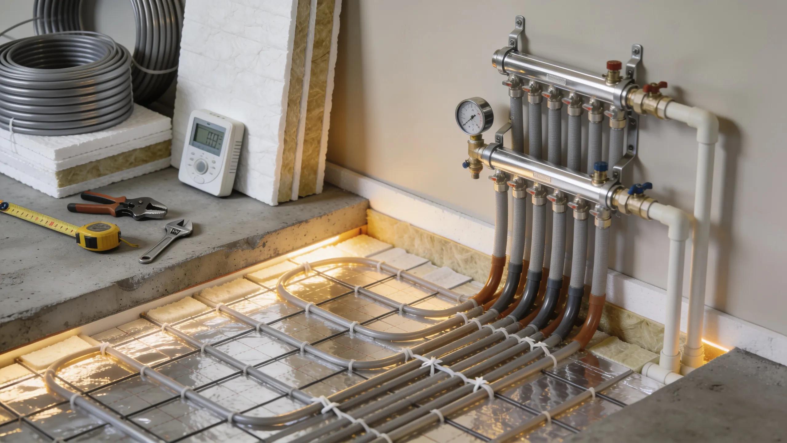 Installation of radiant floor heating system, emphasizing cost-effectiveness and modern technology