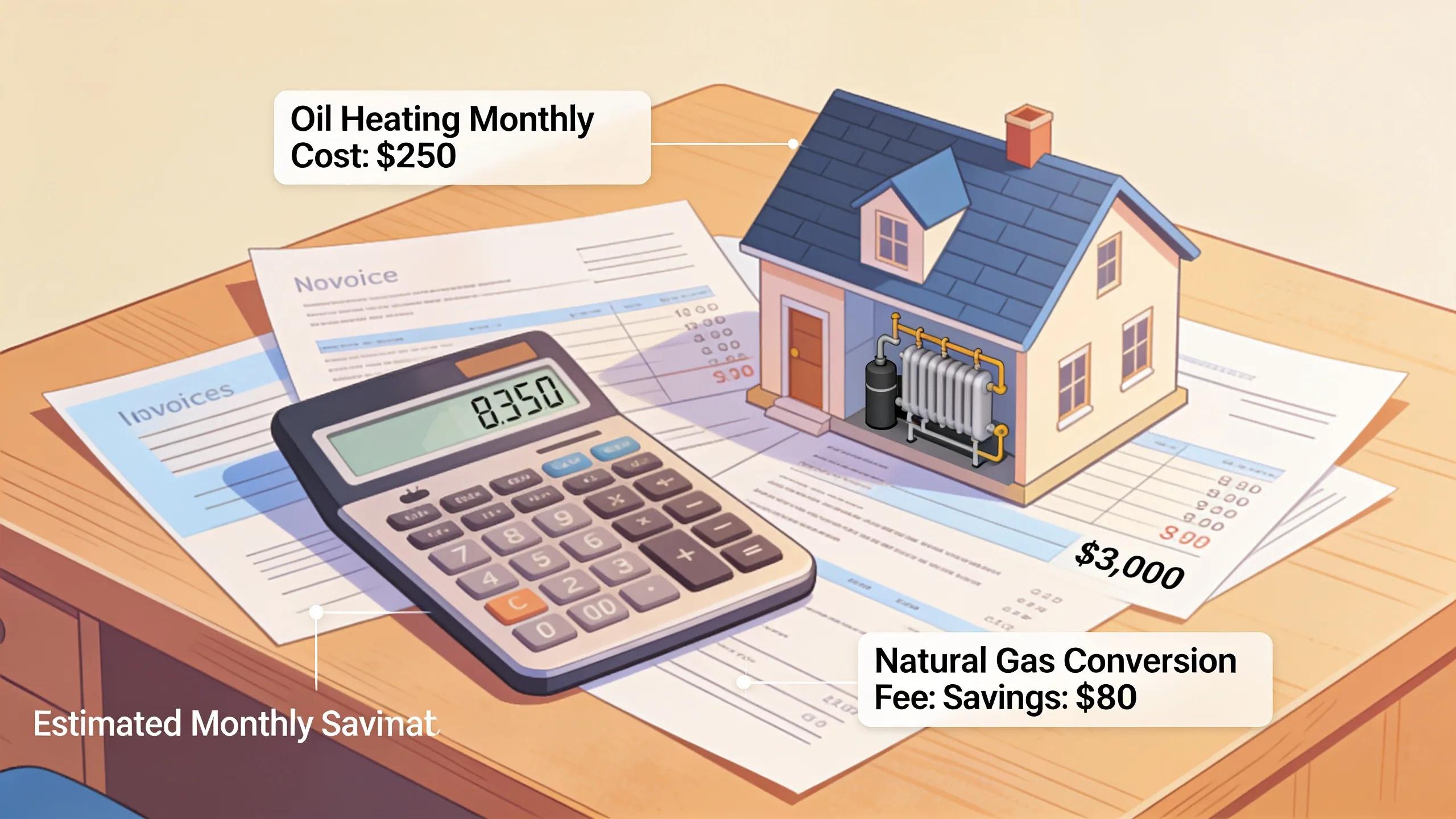 Visual representation of cost factors in oil to gas conversion, featuring budgeting tools and home model