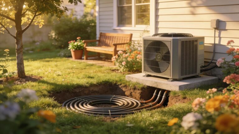 Geothermal heat pump installation in a residential garden, highlighting energy efficiency and eco-friendliness