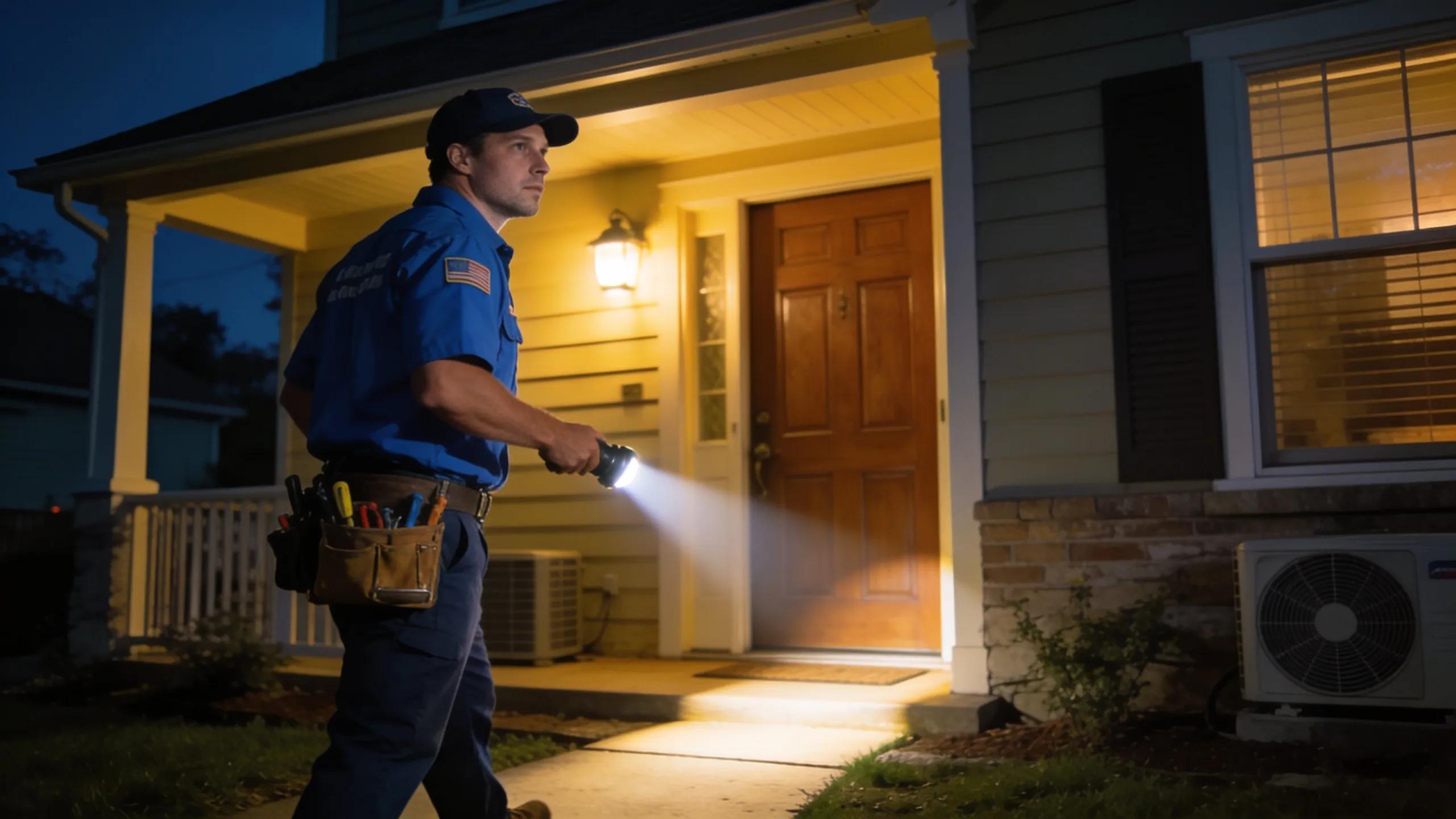 HVAC technician responding to an emergency AC repair call at night in Morris County NJ