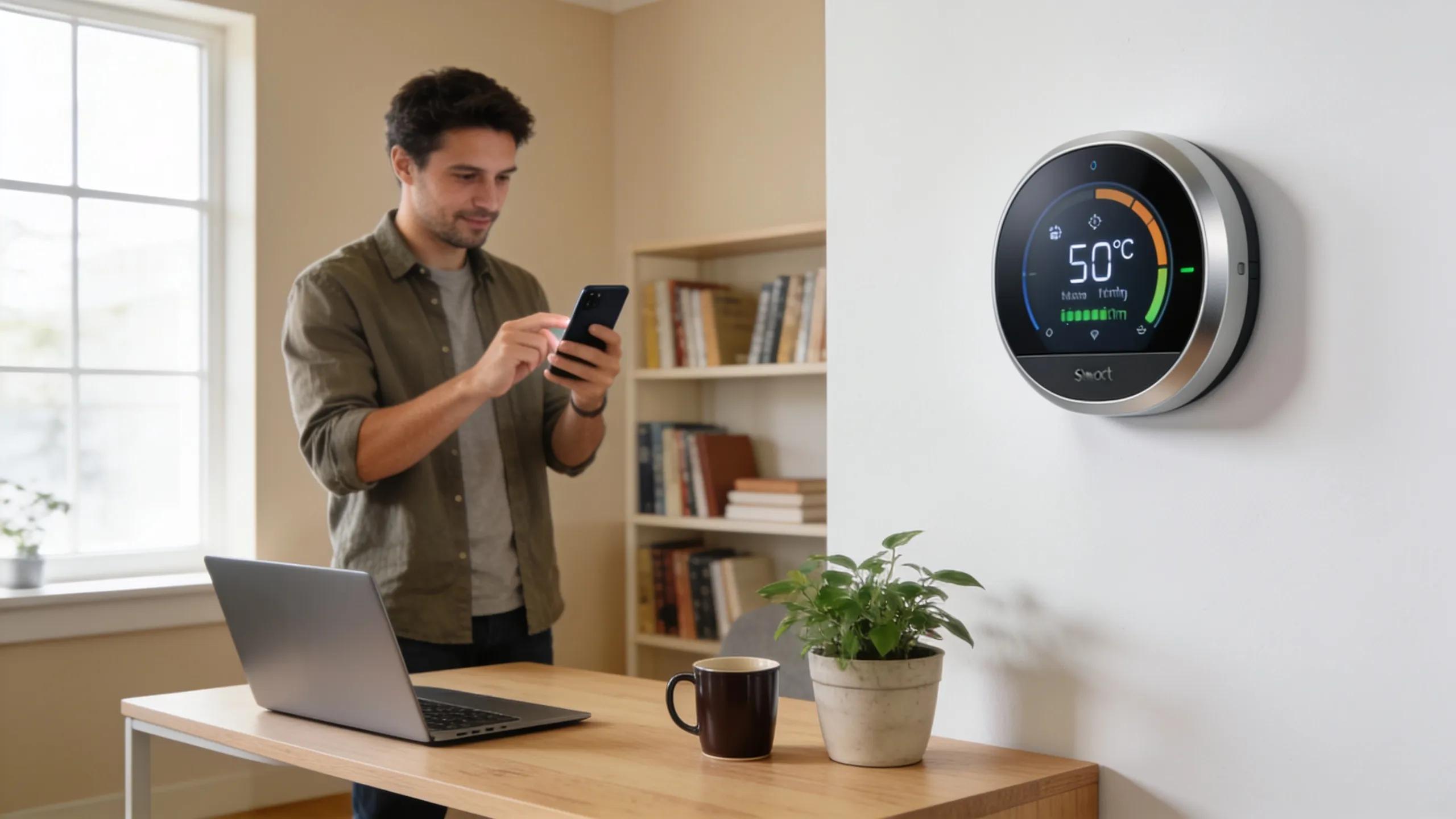 Smart thermostat in a contemporary home office, illustrating advanced technology for efficient cooling