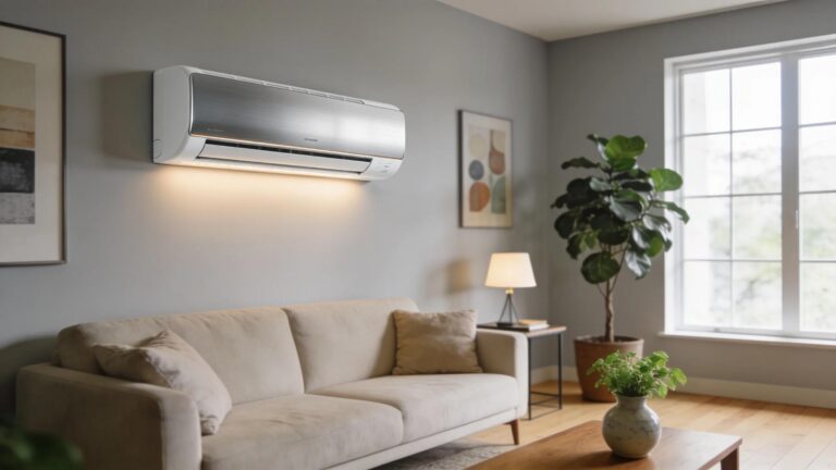 Wall-mounted air conditioning unit in a stylish living room, emphasizing modern design and comfort