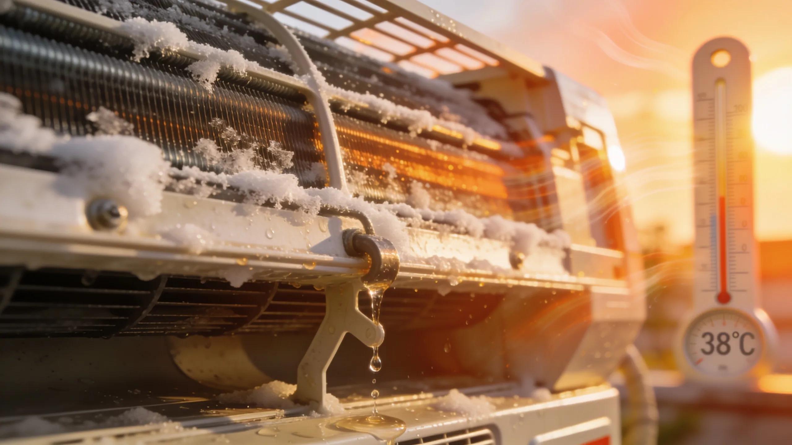 Close-up of AC unit showing signs of malfunction during heat waves
