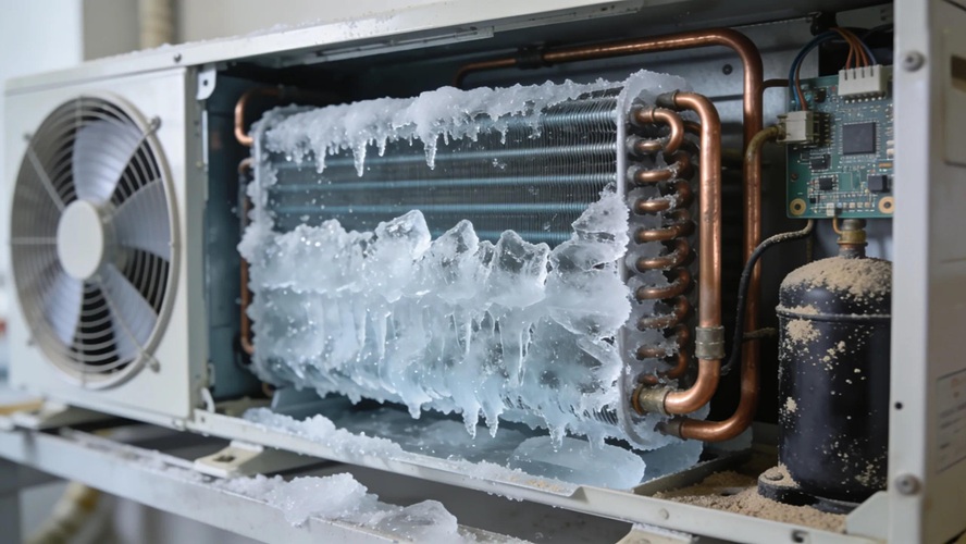 Frozen evaporator coil in an air conditioning unit highlighting ice buildup