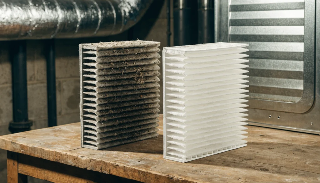 Dirty clogged furnace filter next to a new clean pleated filter