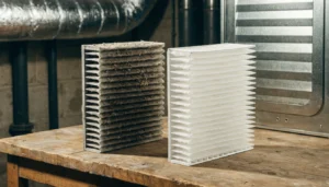 Dirty clogged furnace filter next to a new clean pleated filter
