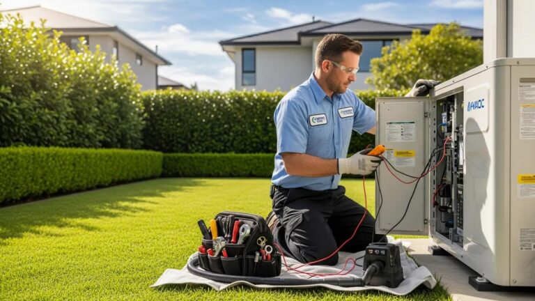HVAC technician servicing air conditioning unit in a residential backyard