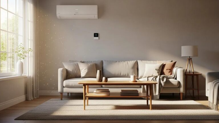 Modern HVAC system in a cozy living room, highlighting home comfort and energy efficiency