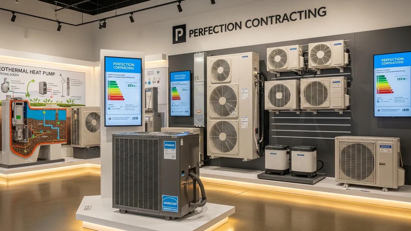 Showroom display of diverse HVAC systems including air conditioning and geothermal units