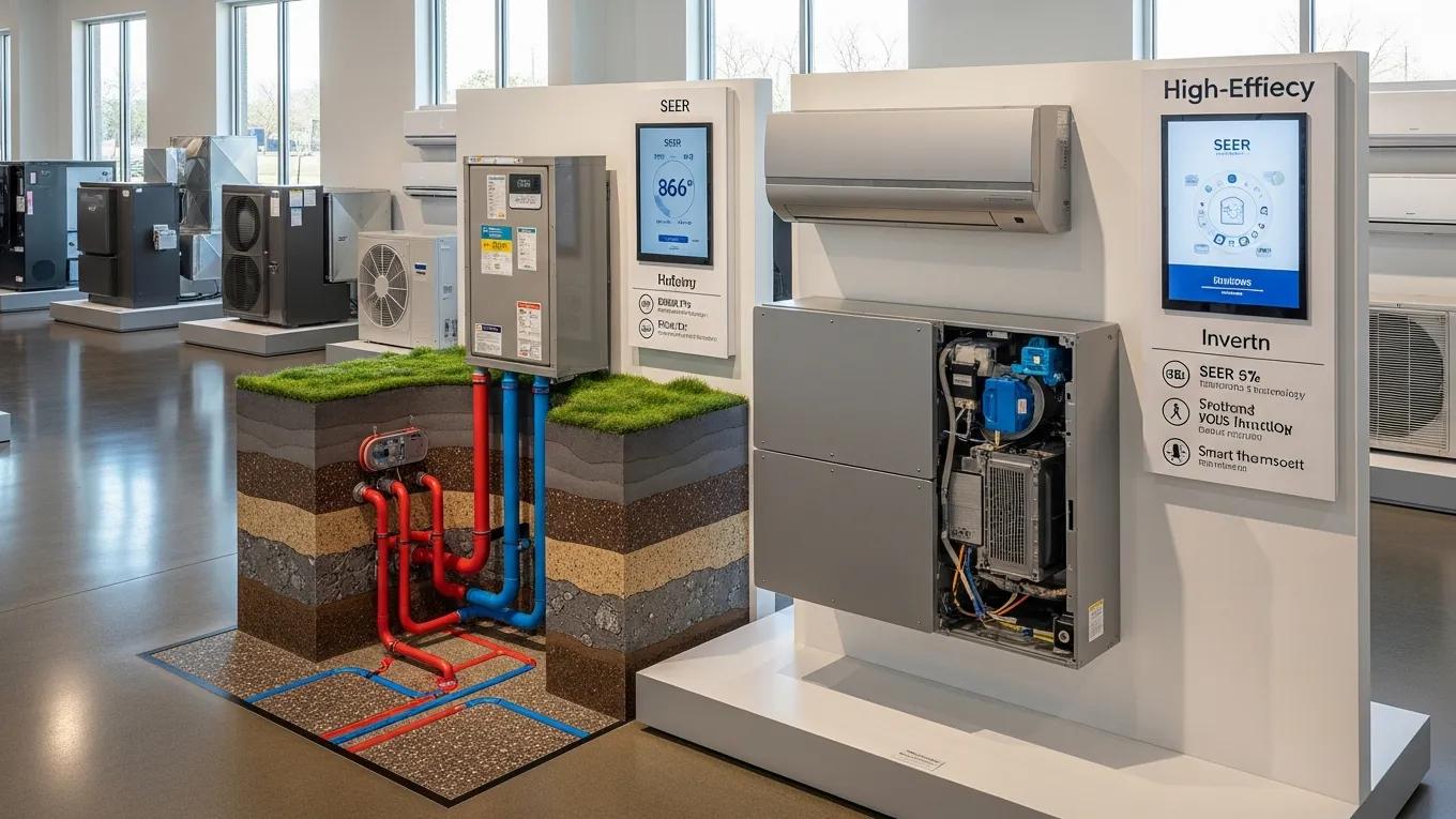 Showroom display of geothermal and ductless mini-split HVAC systems