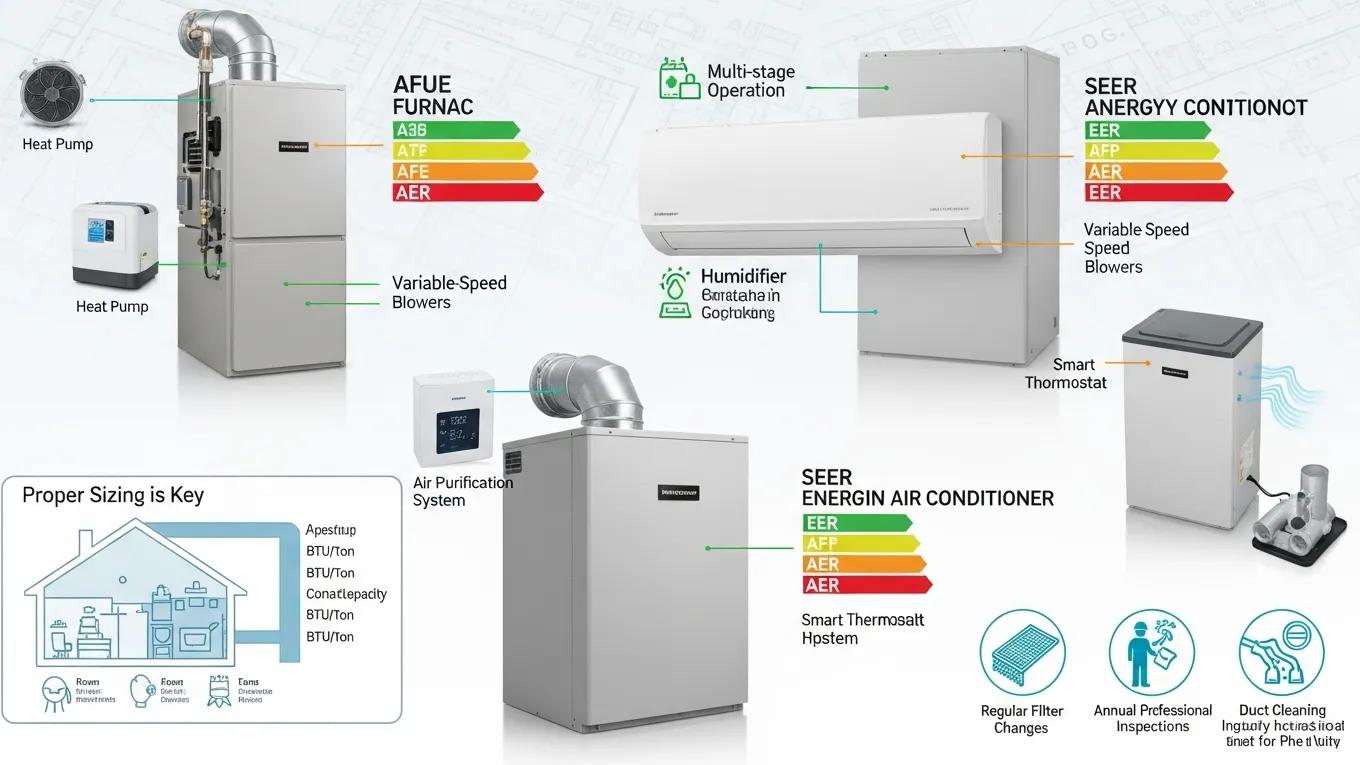 Various HVAC units highlighting energy efficiency features and maintenance options for buyers