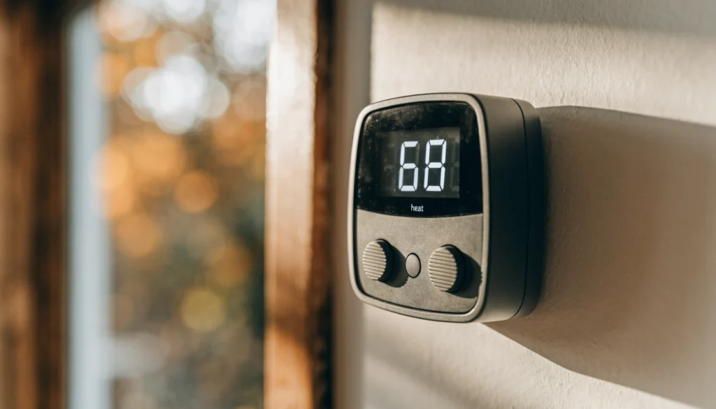 Digital thermostat set to heat mode in a New Jersey home in fall